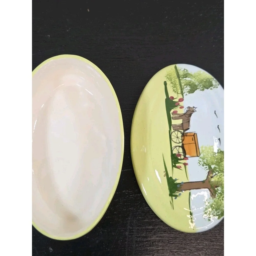 Vintage Handpainted Signed Linda Davis 1983 Oval Trinket Dish‎ Country Style